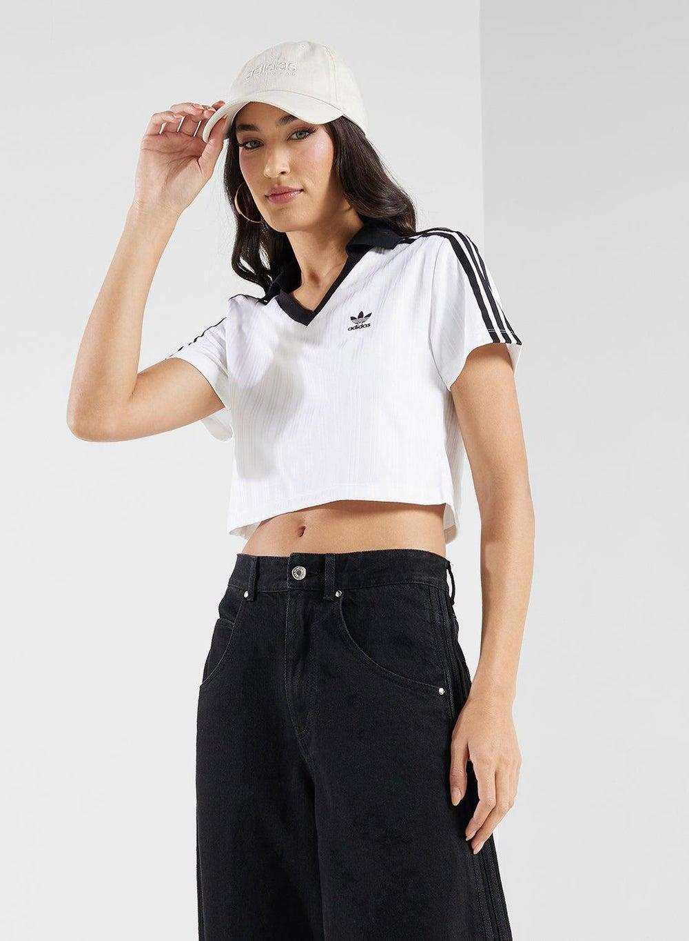 Adicolor Jacquard V-Neck Cropped Polo Shirt - Image 1