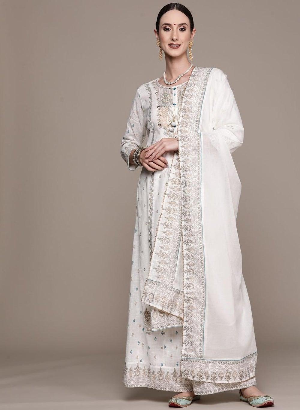 Off-White Embroidered Cotton Kurta Set Regular Fit - Image 1