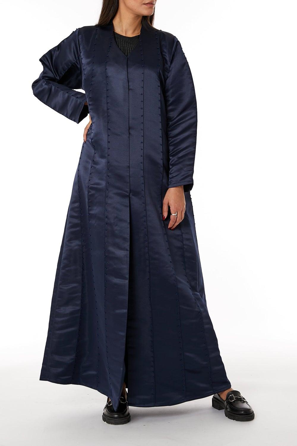 Navy Satin Embroidered Open Abaya - Image 1