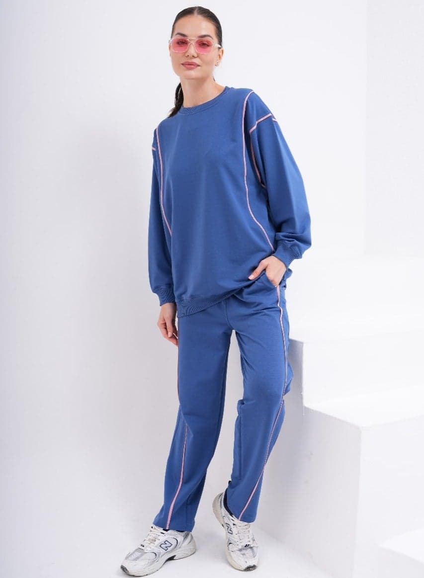 Blue Modest Tracksuit Set with Line Detail - Image 1