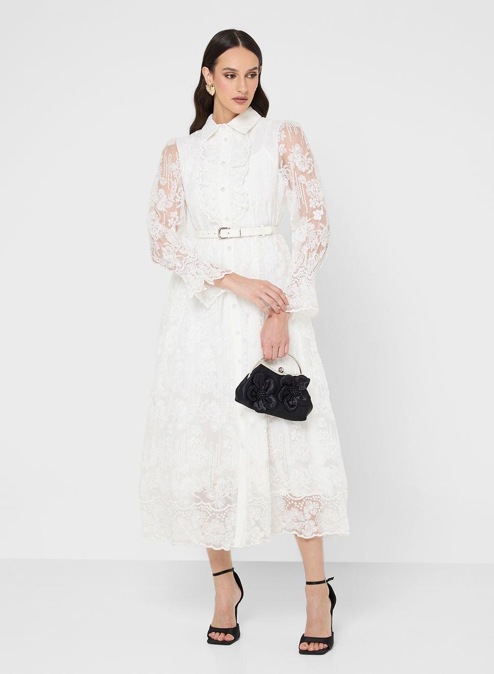 Vt6279 White Embellished Lace Midi Shirt Dress - Image 1