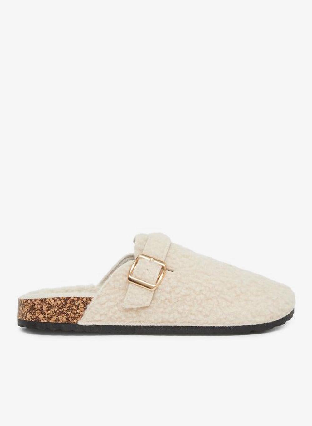 Styli Fluffy Textured Buckle Detail Beige Slippers - Image 1