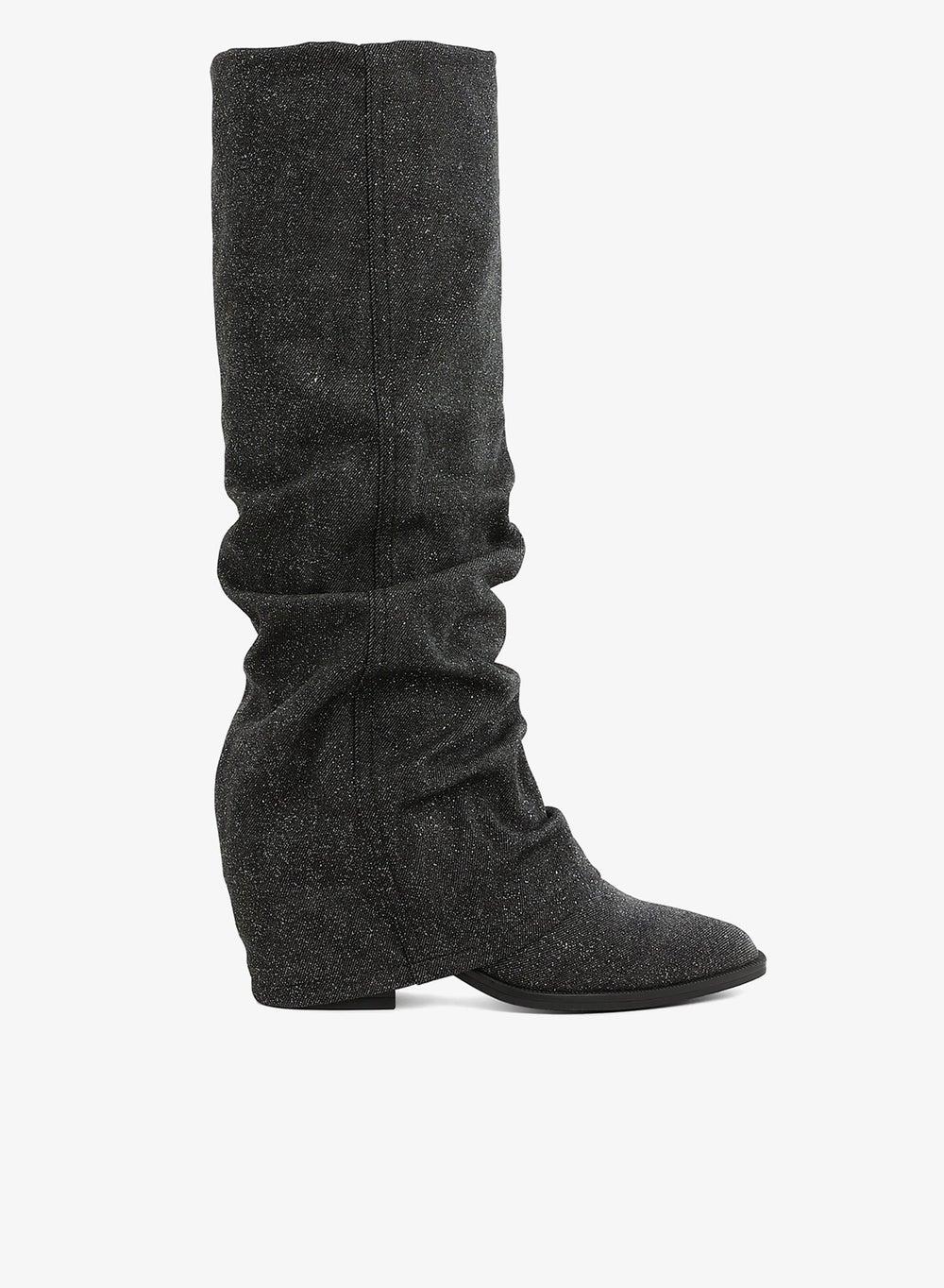 Sh5104 Black Slouchy Fold-Over Denim Boots - Image 1