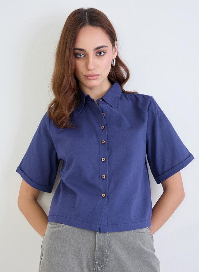Styli Navy Cotton Boxy Fit Shirt - Image 1