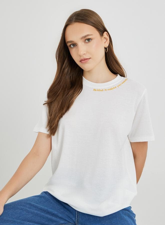 Embroidered Slogan Oversized Round Neck T-Shirt - Image 1