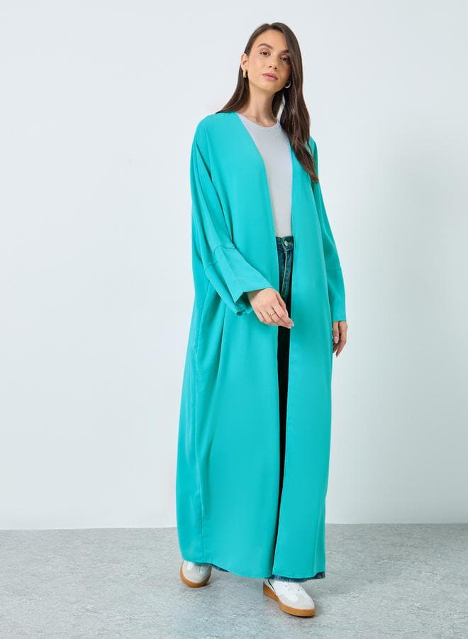 Solid Green Open Front Batwing Sleeve Abaya - Image 1
