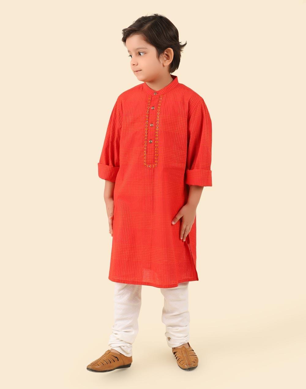 Red Cotton Embroidered Boys Kurta Classic Fit - Image 1