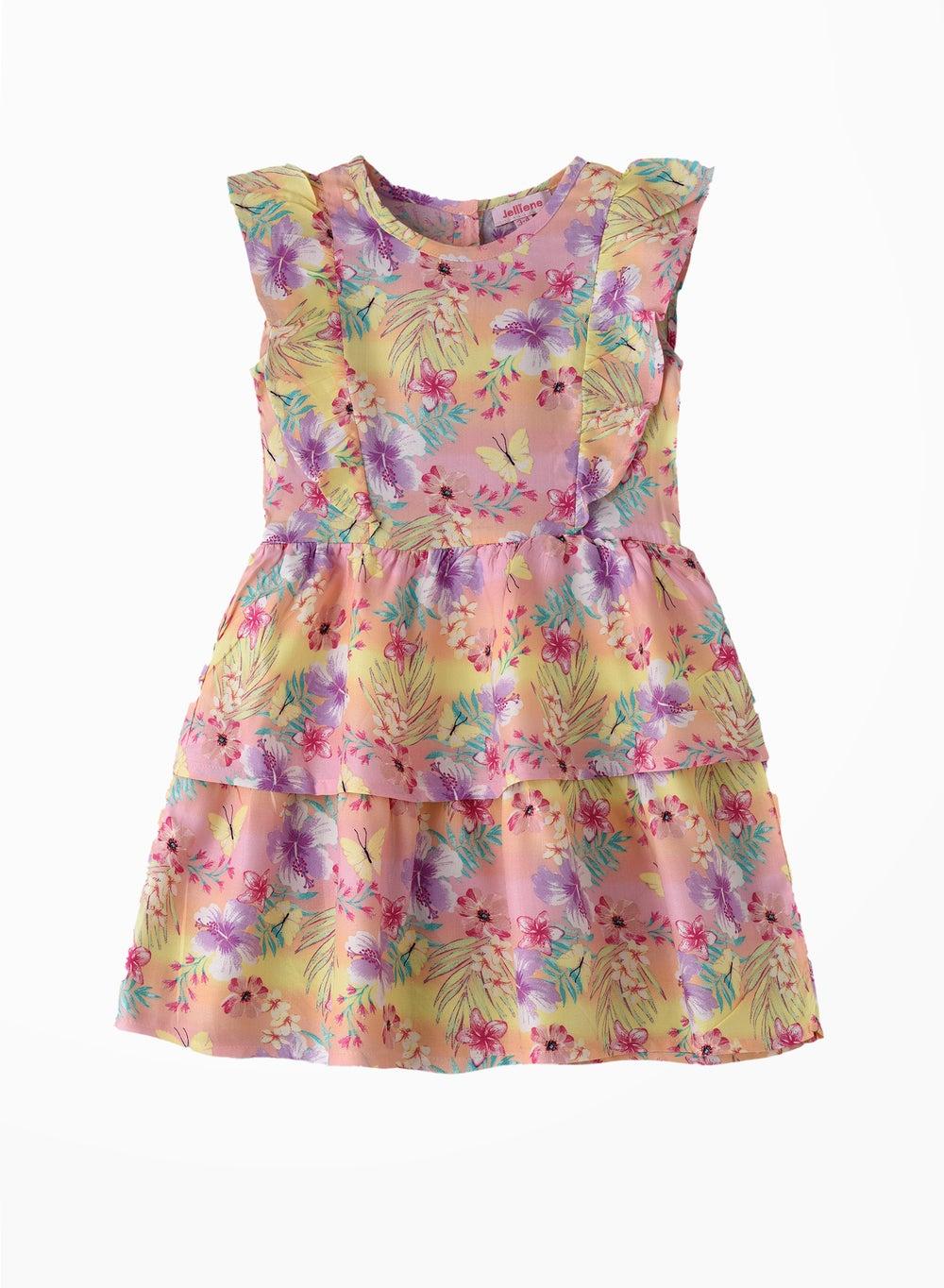 Dktdgsp2402 Pink Floral Tiered Girls Dress - Image 1