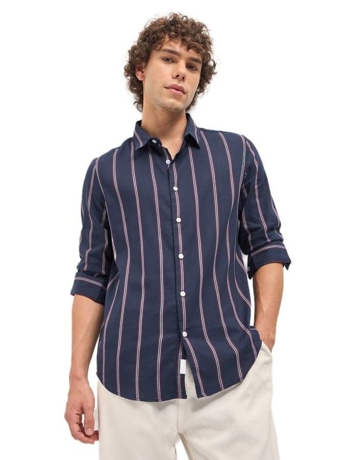Men’s Blue Striped Cotton Button-Down Shirt - Image 1