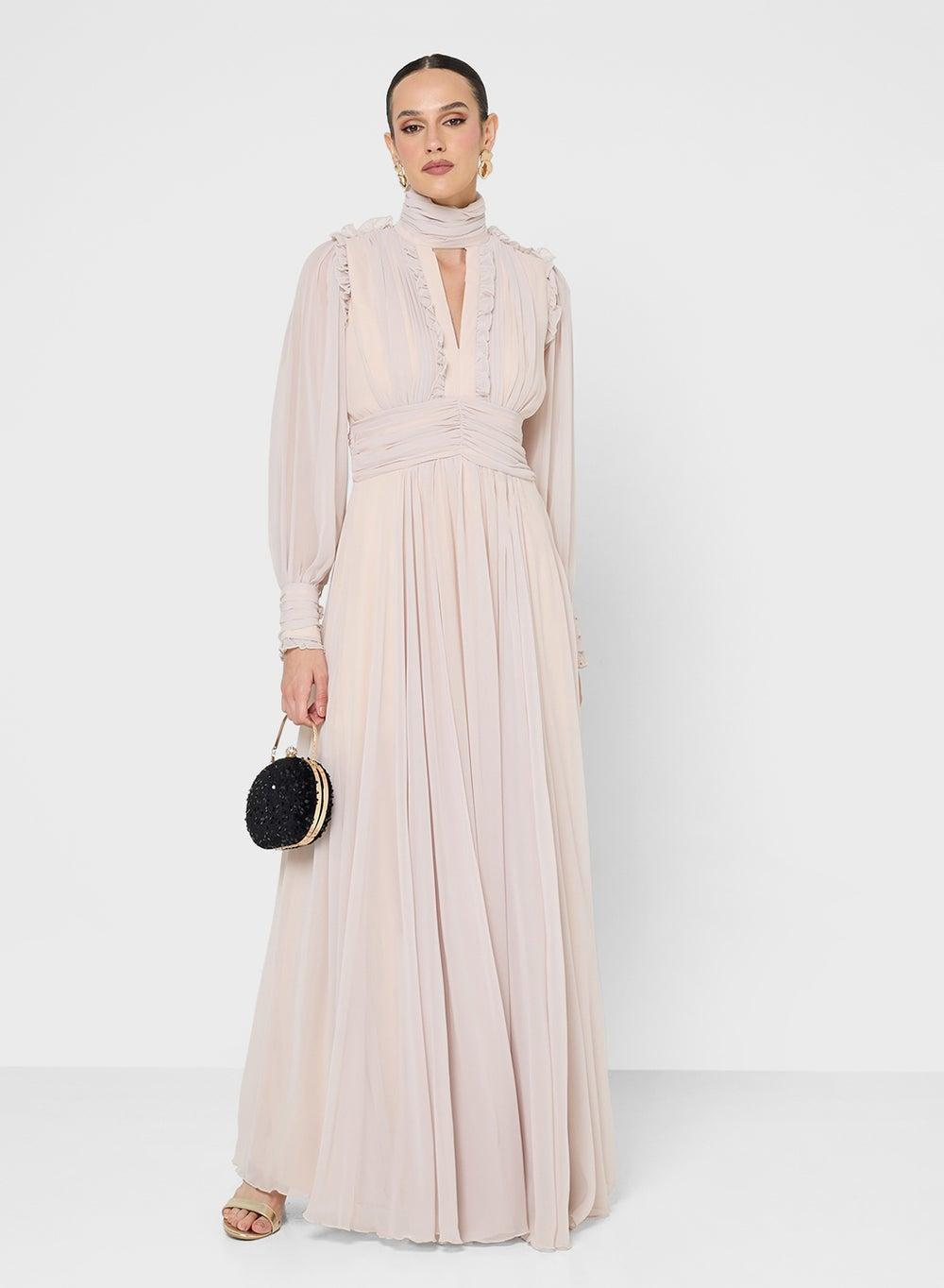 Beige Ruffle High Neck Maxi Dress UAE - Image 1