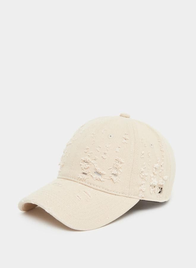 Beige Ripped Cotton Blend Baseball Cap - Image 1