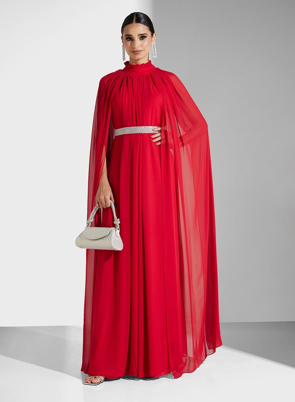 Red Chiffon Cape Maxi Dress with Belt Detail - Image 1
