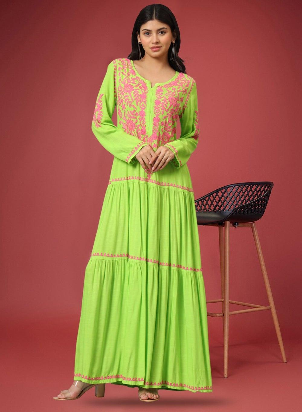 Lucknowi Chikankari Cotton Jalabiya AL3942 Parrot Green - Image 1