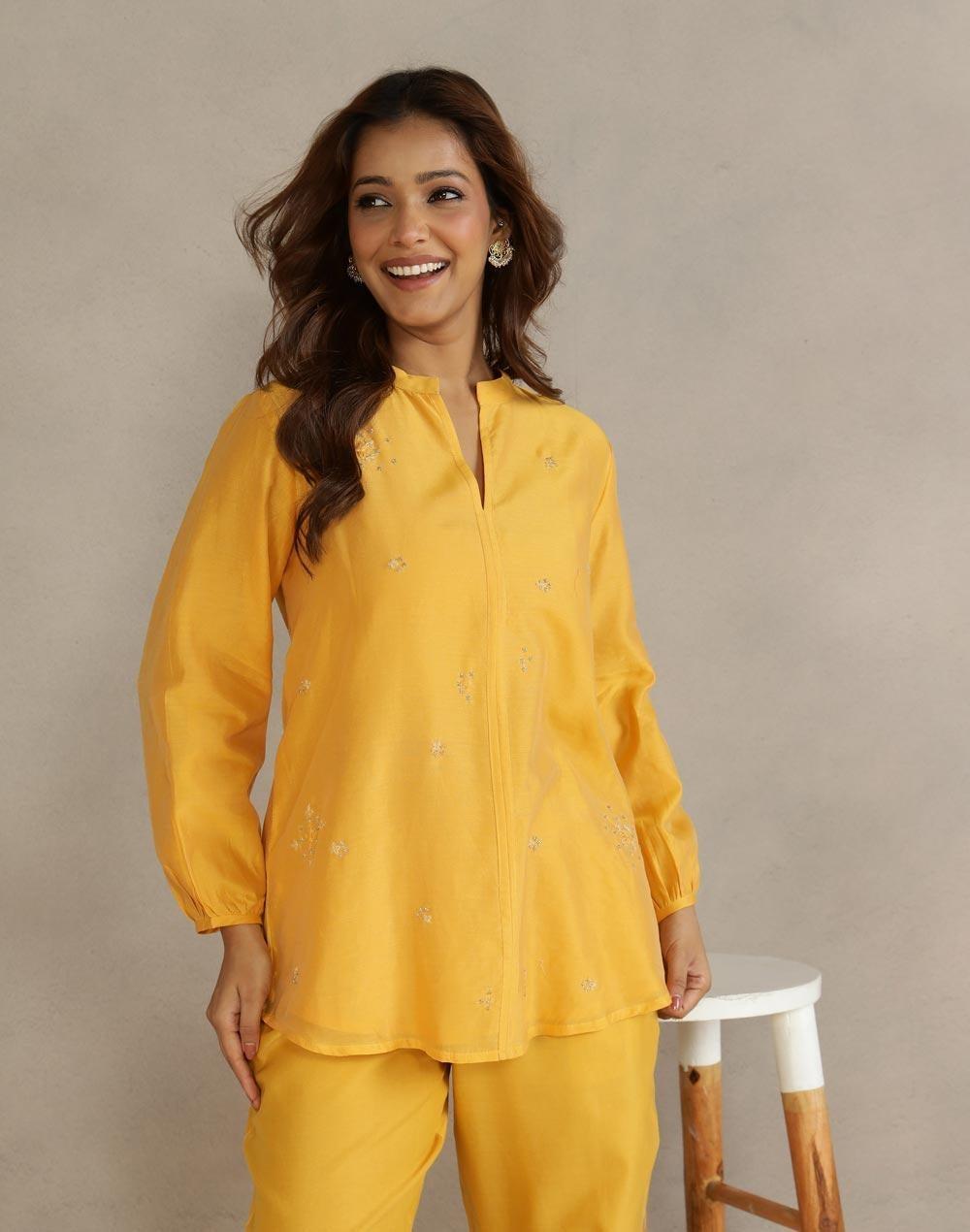 Yellow Silk Cotton Embroidered Festive Tunic - Image 1