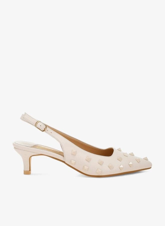 Sh5199 Beige Studded Kitten Heel Slingbacks - Image 1