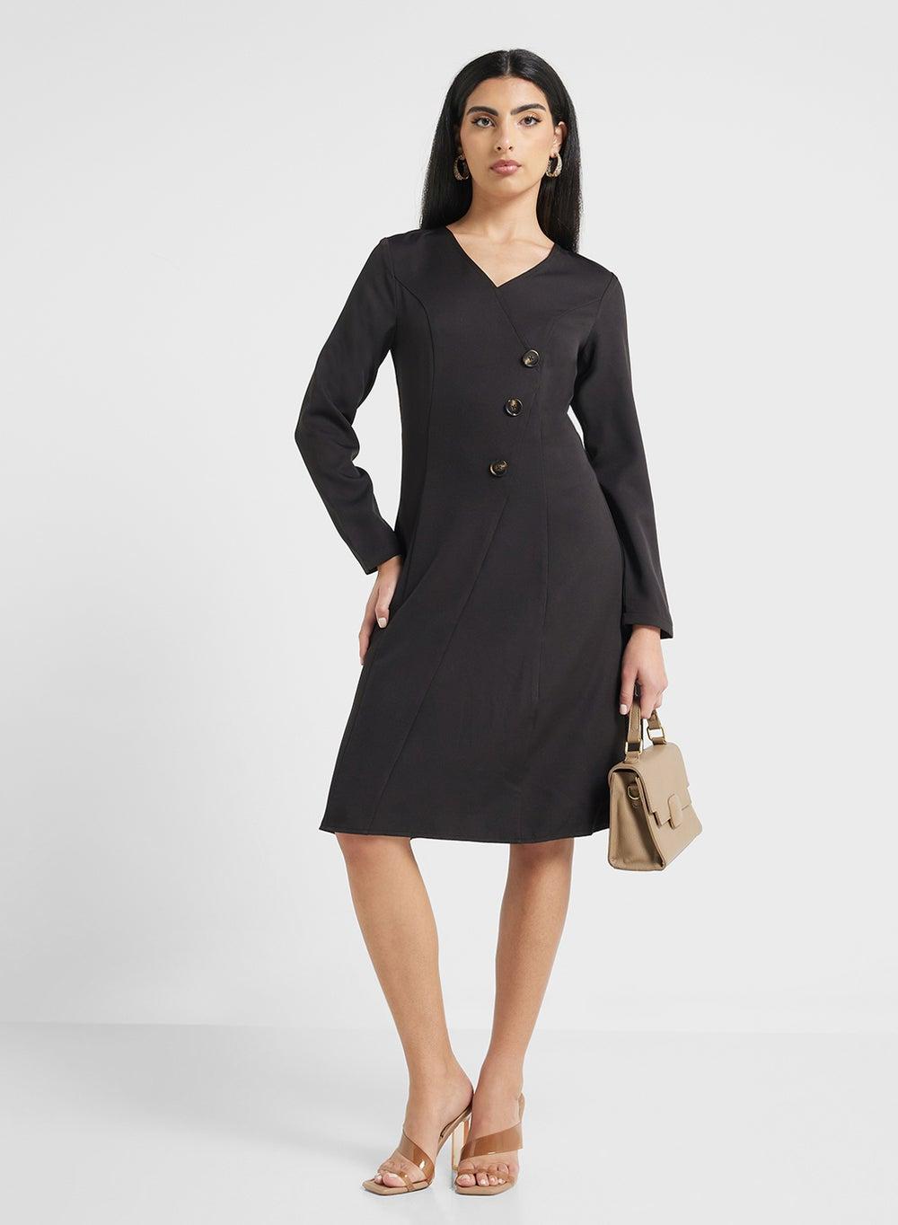 Elegant Black Midi Dress Yya21246 with Button Detail - Image 1