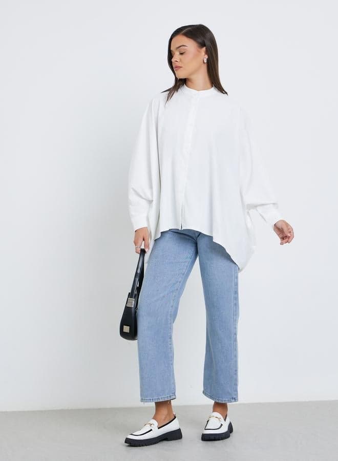 Styli White Batwing Sleeve Mandarin Collar Shirt - Image 1