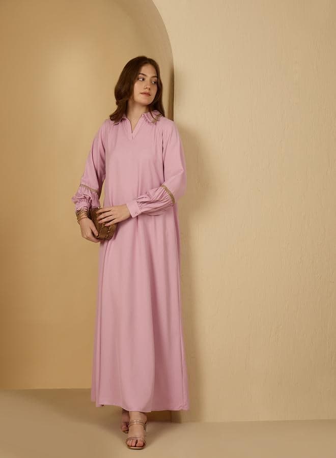 Lilac Lace Trim Collared Jalabiya Evening Dress - Image 1