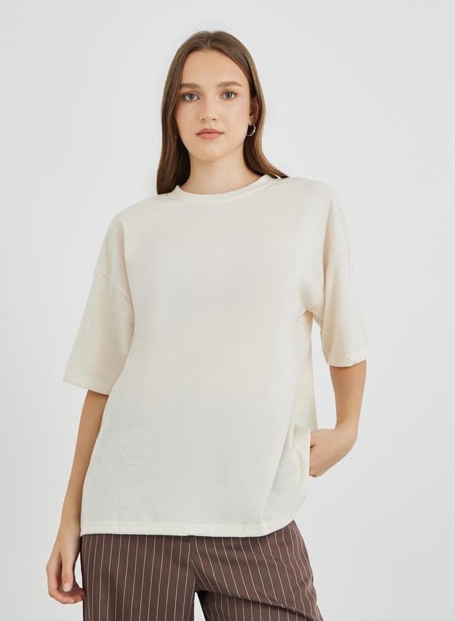 Beige Slogan Print Oversized Casual T-Shirt - Image 1