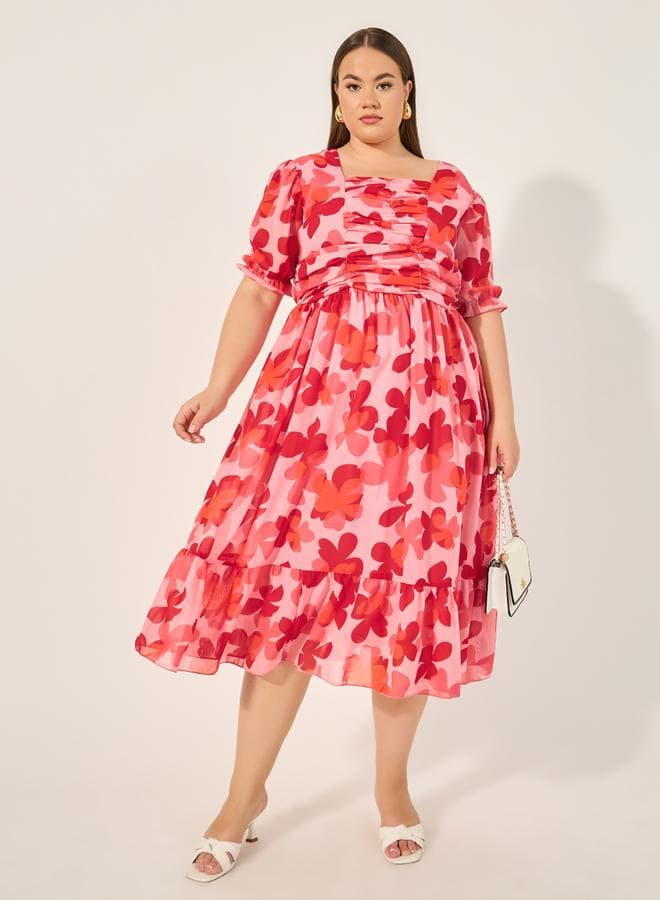 Floral Chiffon Midi Dress 7012064730Red - Image 1