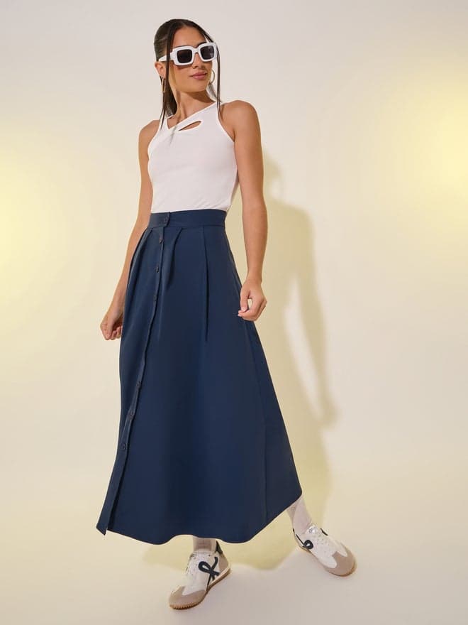 Take Two Pleated Button Front A-Line Maxi Skirt - Image 1