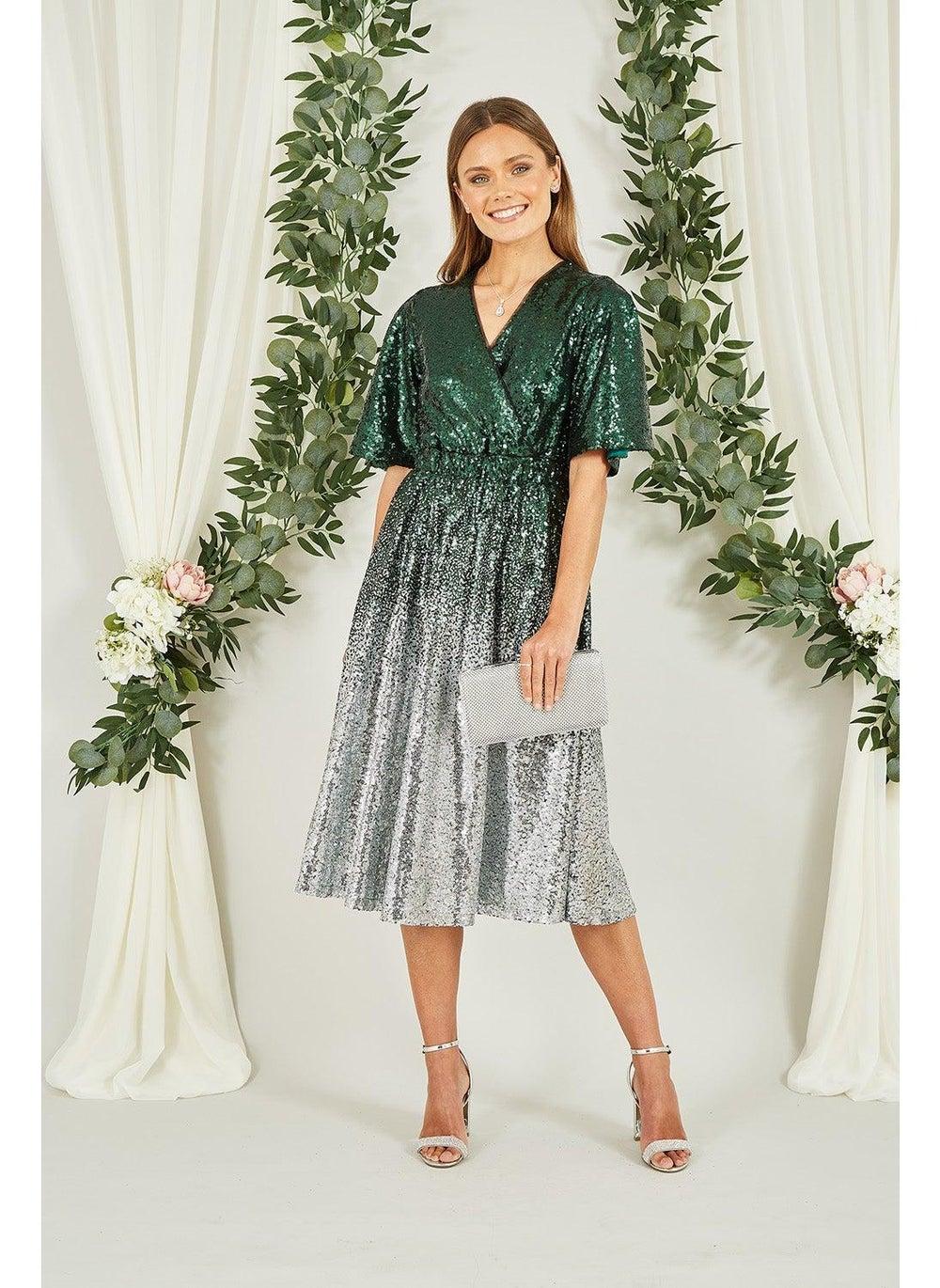 Green Silver Ombre Sequin Wrap Midi Dress - Image 1