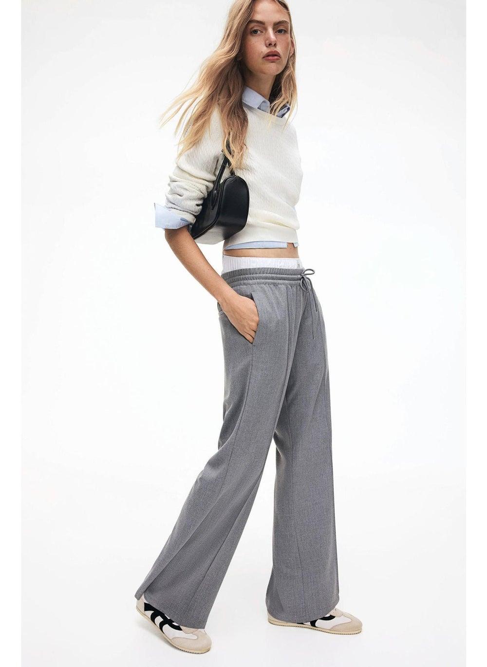 Grey Wide-Leg Crease Trousers with Drawstring Waist - Image 1