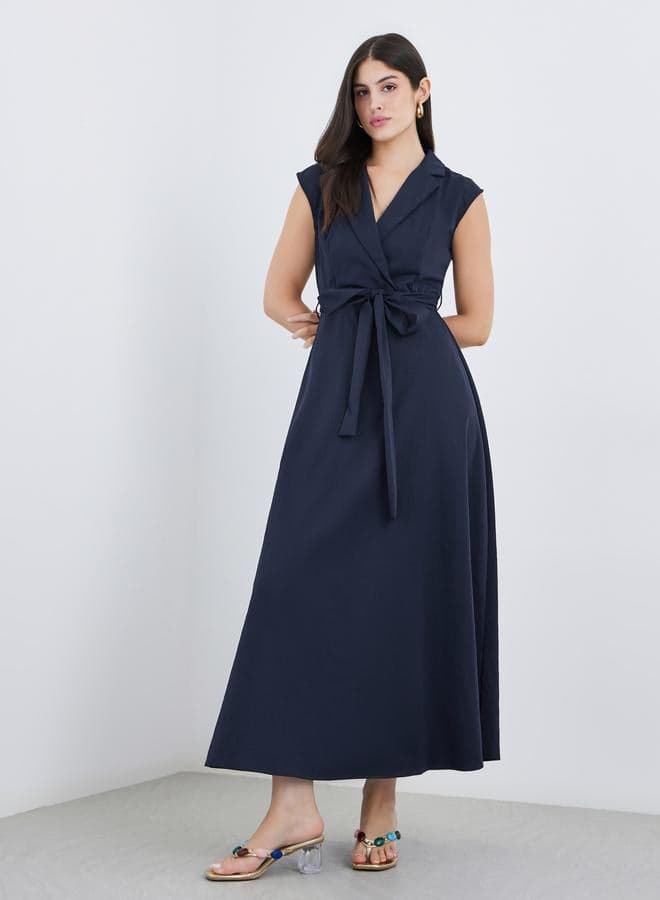 Styli Navy Sleeveless Blazer Maxi Dress with Waist Tie - Image 1