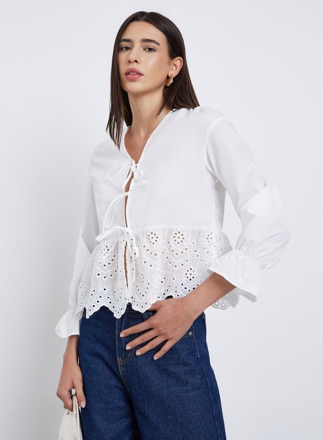 White Tie-Front V-Neck Long Sleeve Blouse - Image 1