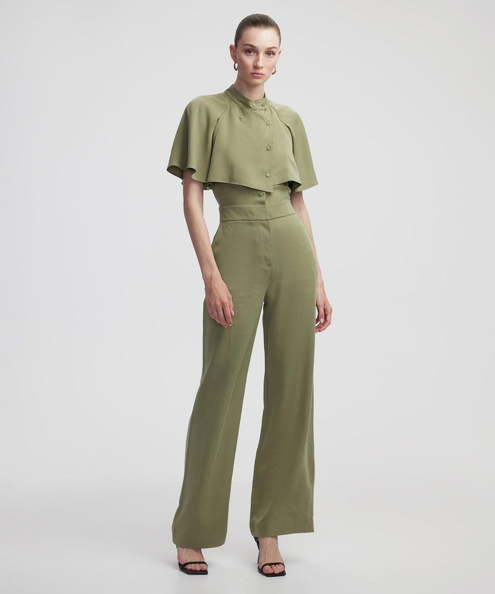 Brown Wide Leg Layered Jumpsuit with Cape Detail - Image 1