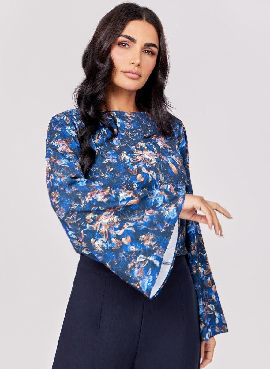 Blue Floral Chiffon Top with Flared Puff Sleeves - Image 1