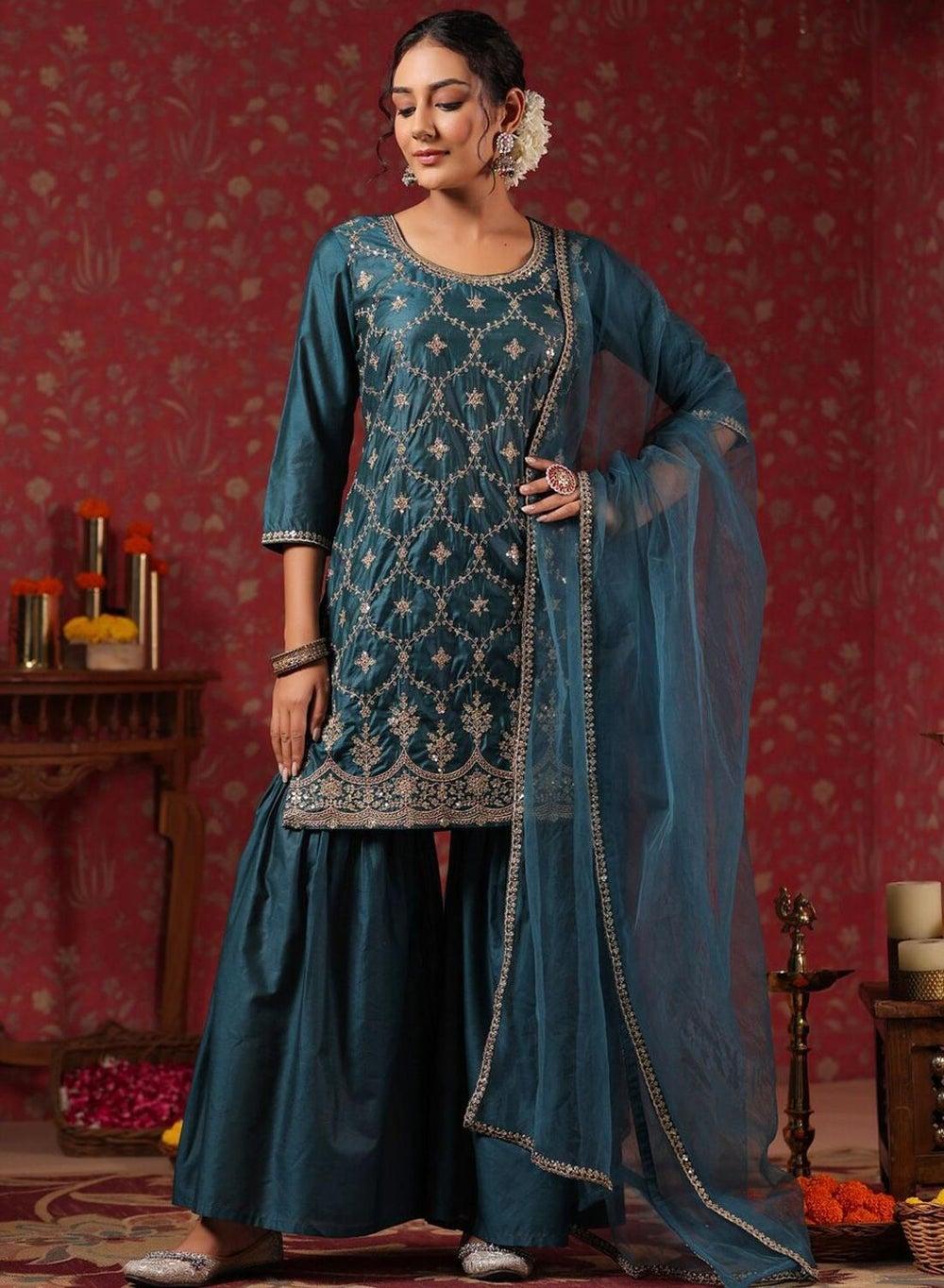 Teal Poly Silk Self-Design Palazzo Kurta Set - Image 1