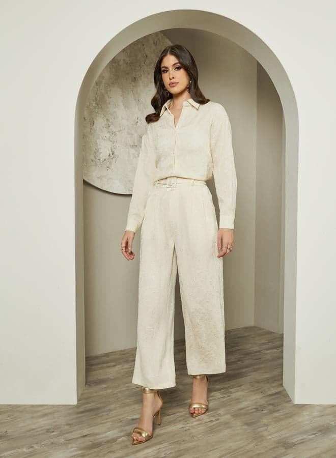 Ivory Jacquard Wide Leg Belted Cropped Pants - Image 1