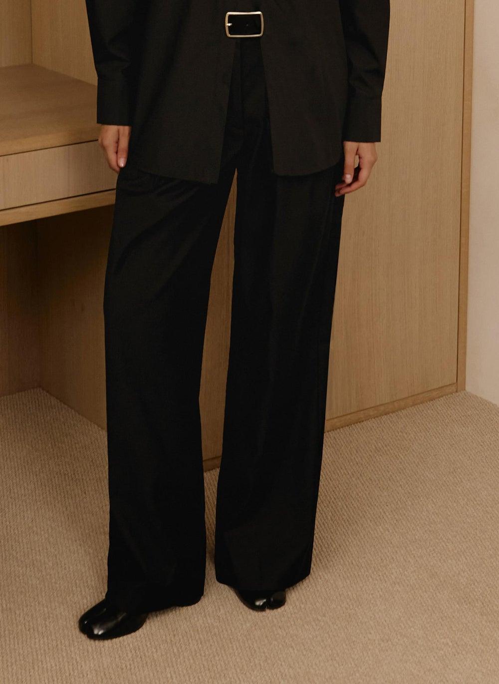 High-Rise Pleated Wide-Leg Trousers with Eco-Leather Belt - Image 1