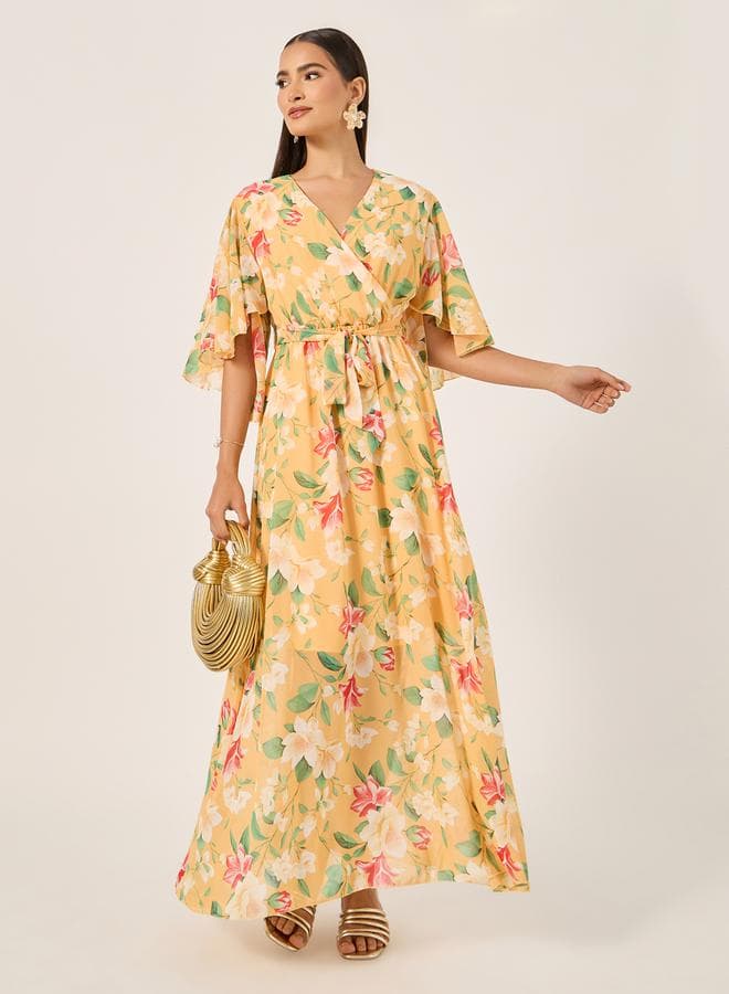 Yellow Floral Chiffon Wrap Maxi Dress 7012457037 - Image 1