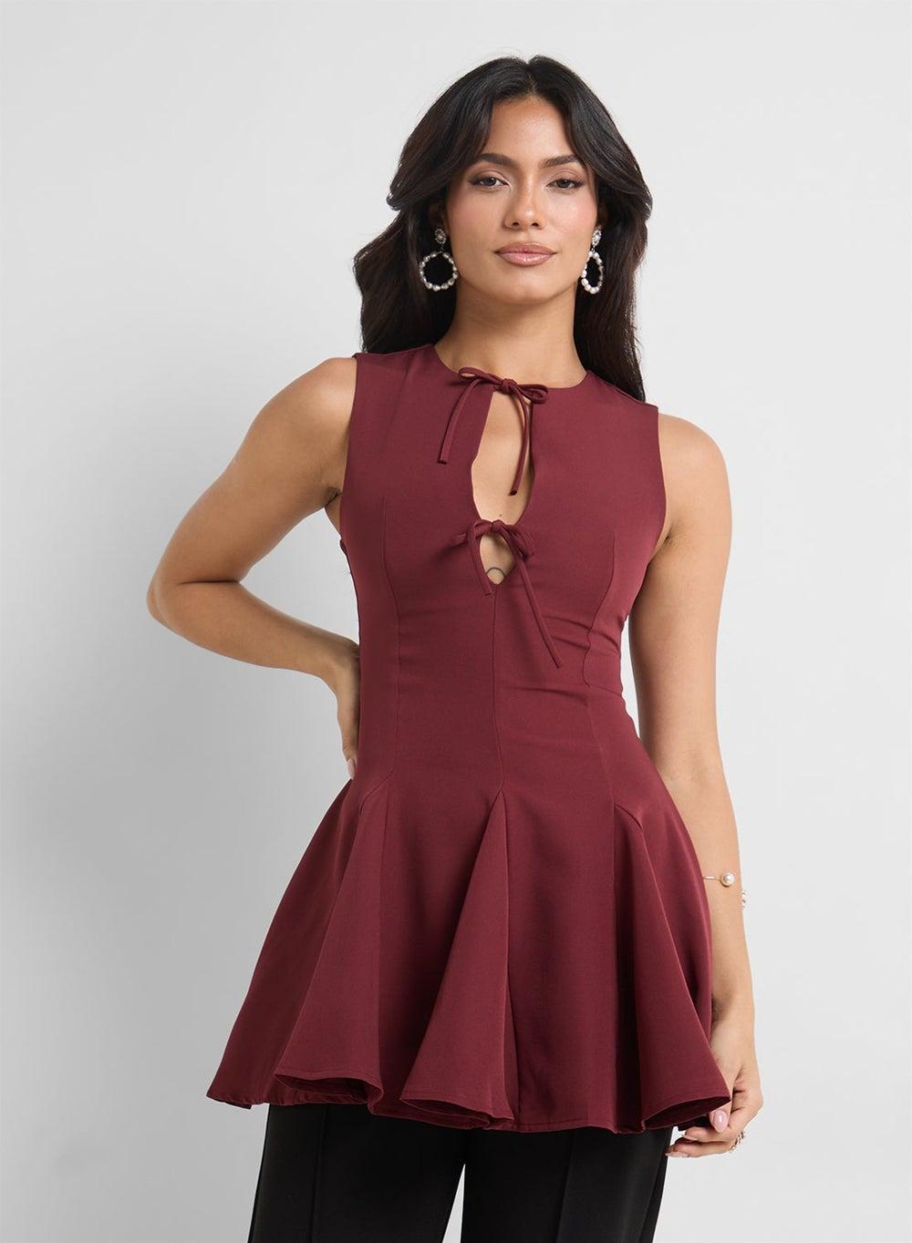Burgundy Peplum Bow Tie Top 250310 122 - Image 1