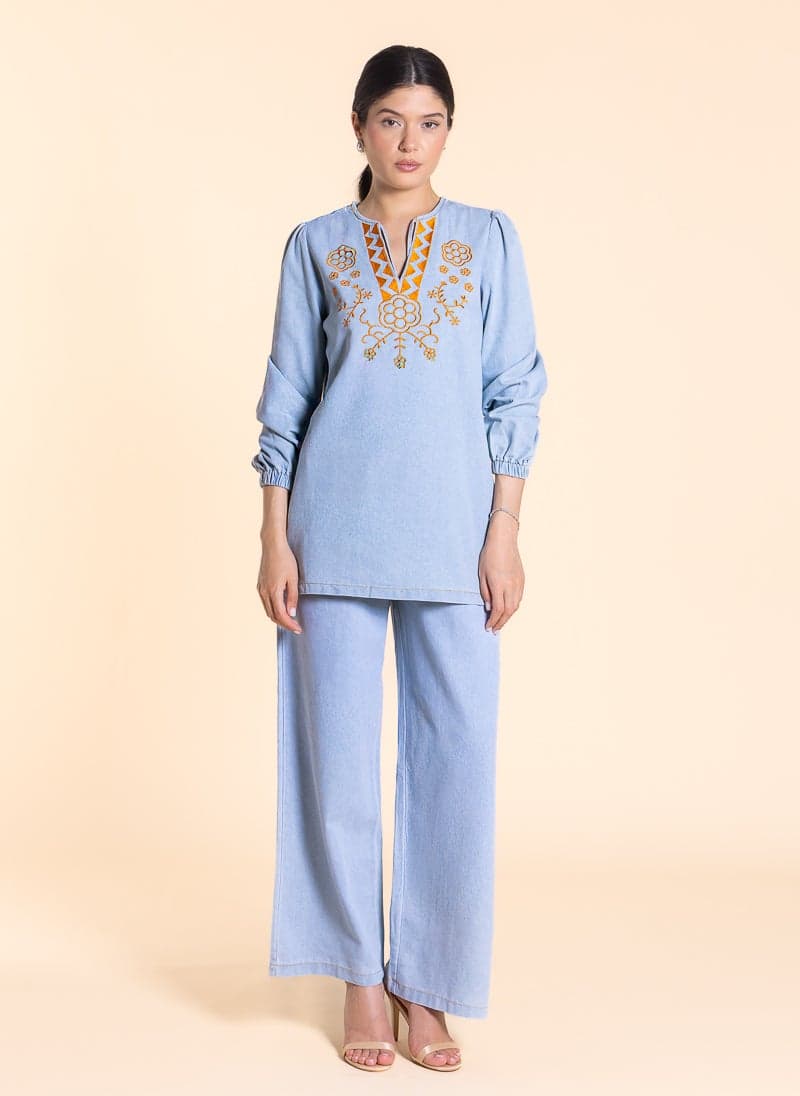 Embroidered Soft Denim Top & Pants Set - Image 1
