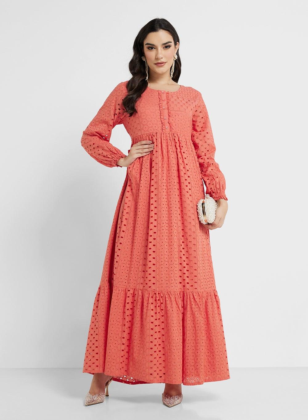 Rust Schiffli Cotton Jalabiya with Belted Tier Design - Image 1