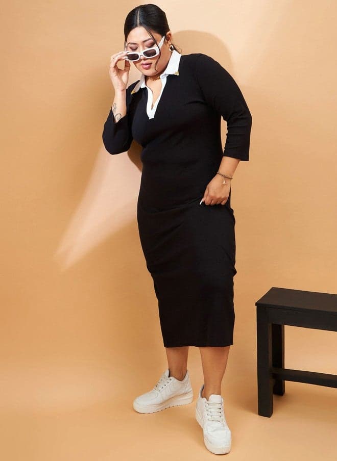 Black Collared Midi Sheath Dress – 3/4 Sleeve Bodycon - Image 1