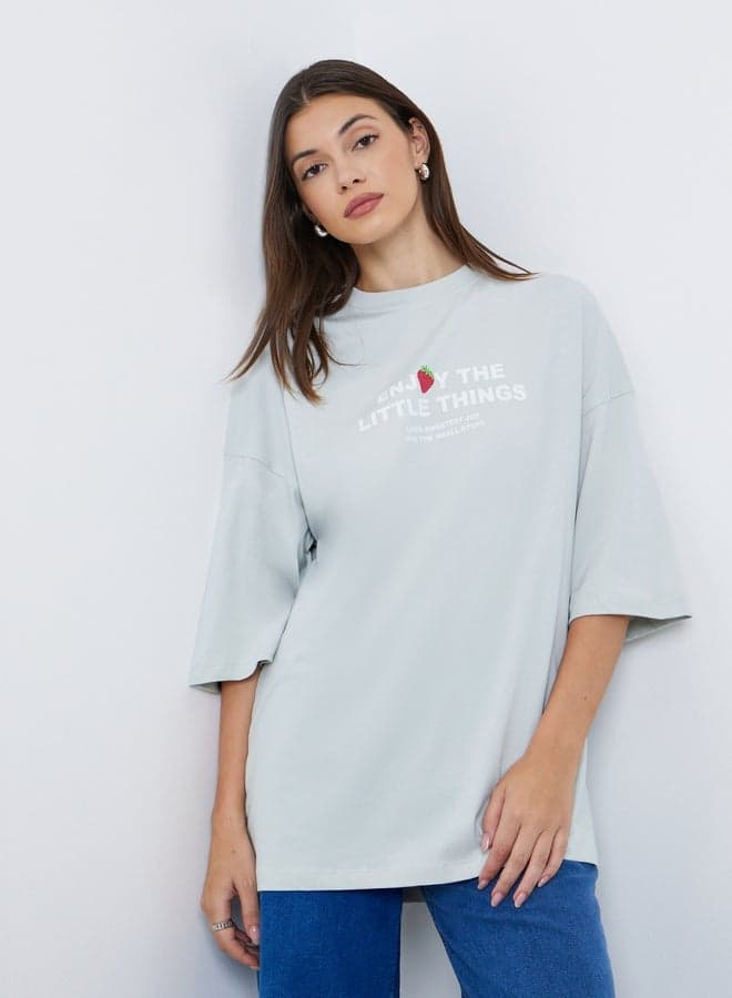 Styli Light Blue Oversized Slogan Cotton T-Shirt - Image 1