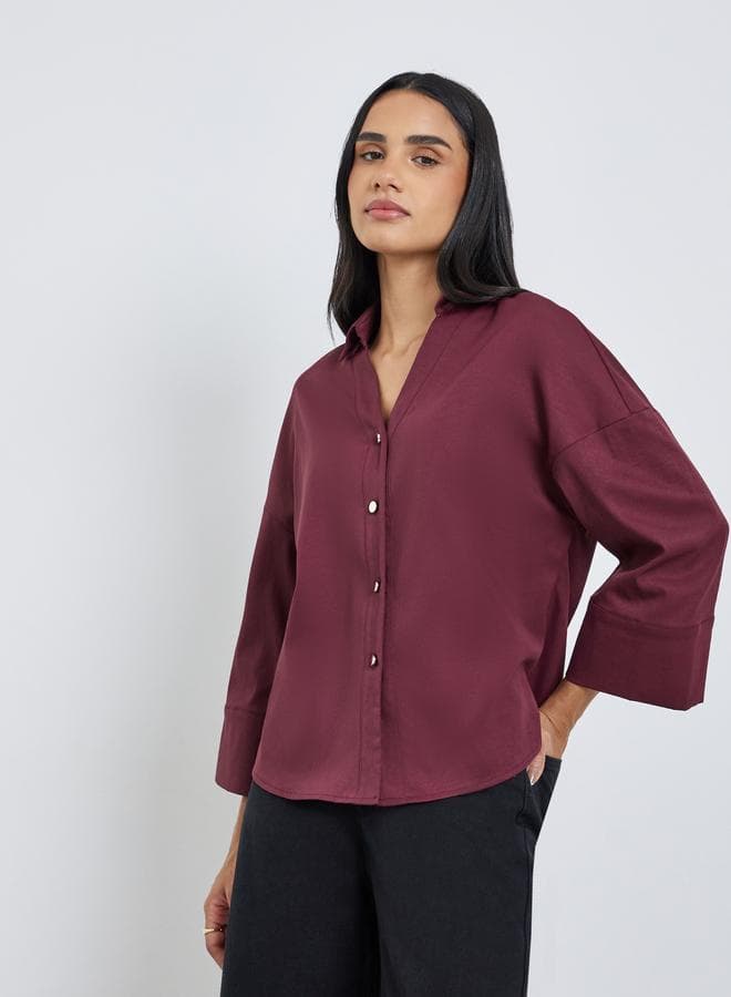 Styli Burgundy Flared Sleeve Buttoned Shirt - Image 1