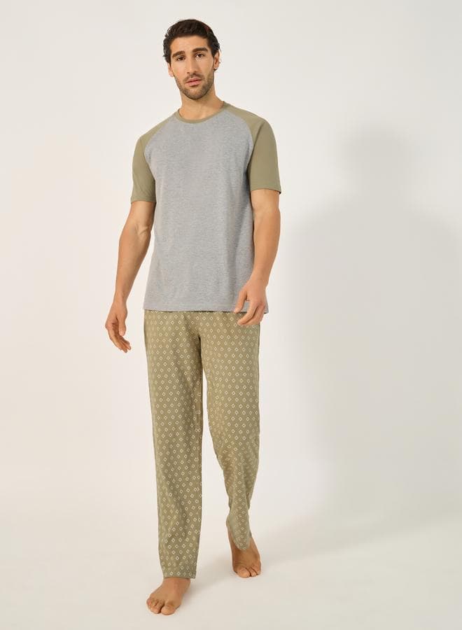 Olive Color Block Raglan Tee & Printed Pyjama Set - Image 1