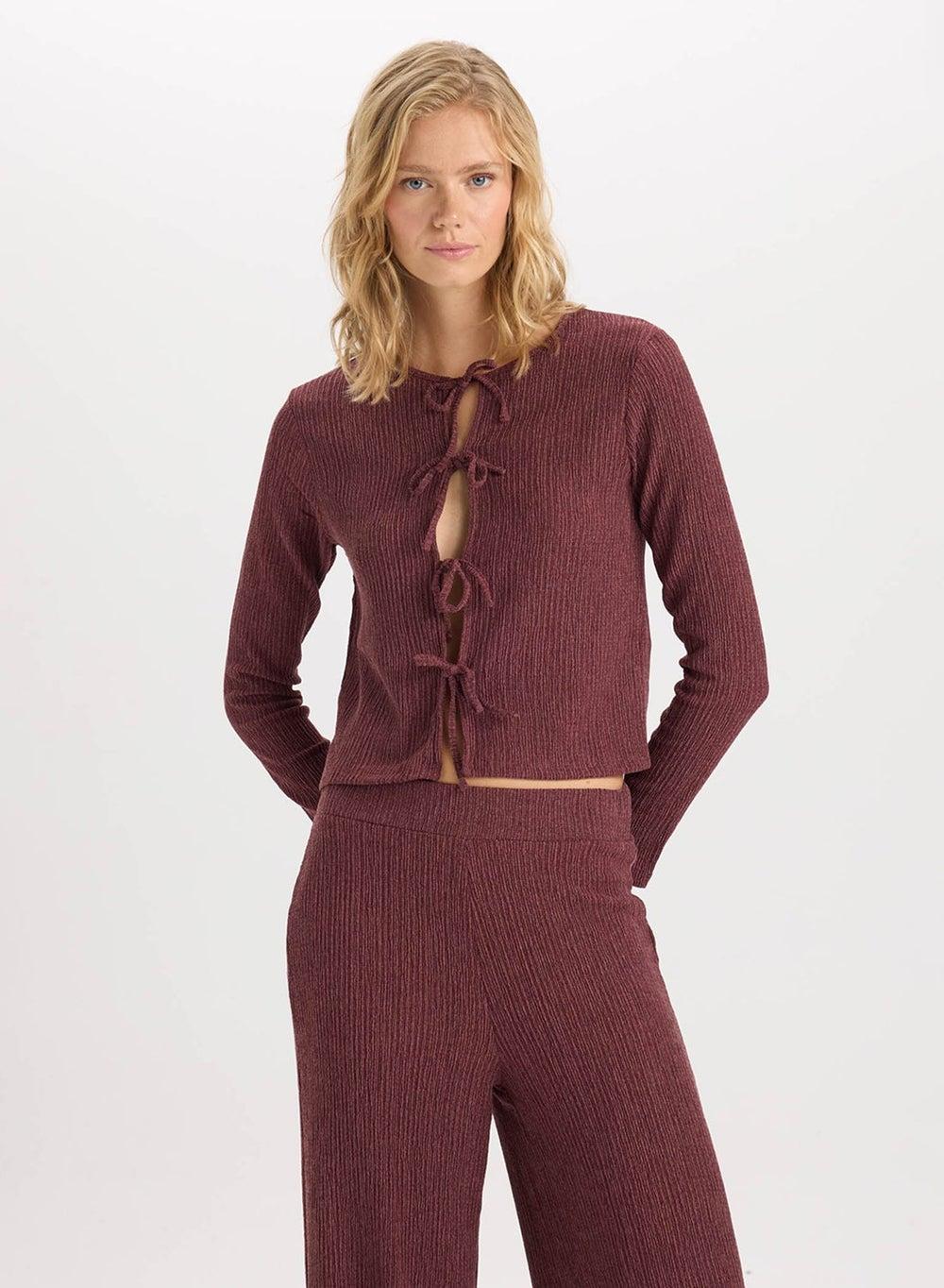Bordeaux Ruched Tie Front Crew Neck Cardigan D6296Ax - Image 1