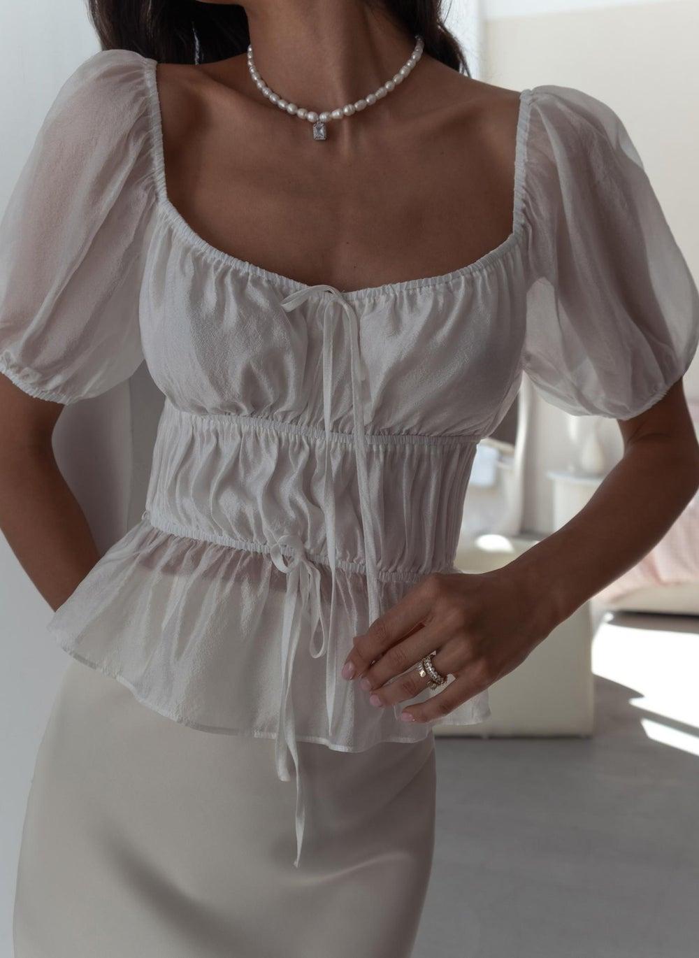 White Pleated Lightweight Top with Lace-Up Sleeves - Image 1