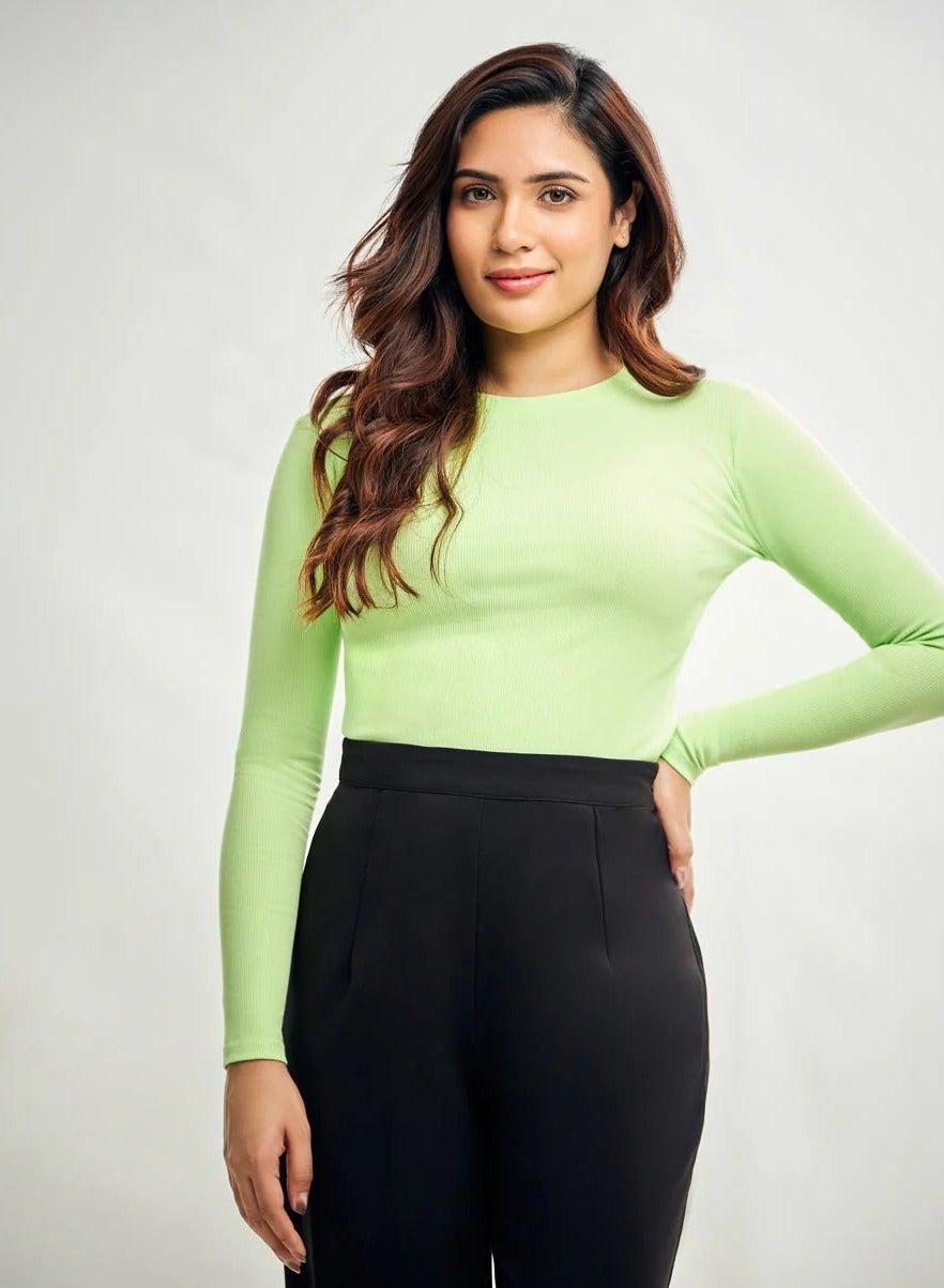 Electric Green Ribbed Long Sleeve Round Neck Top - Image 1