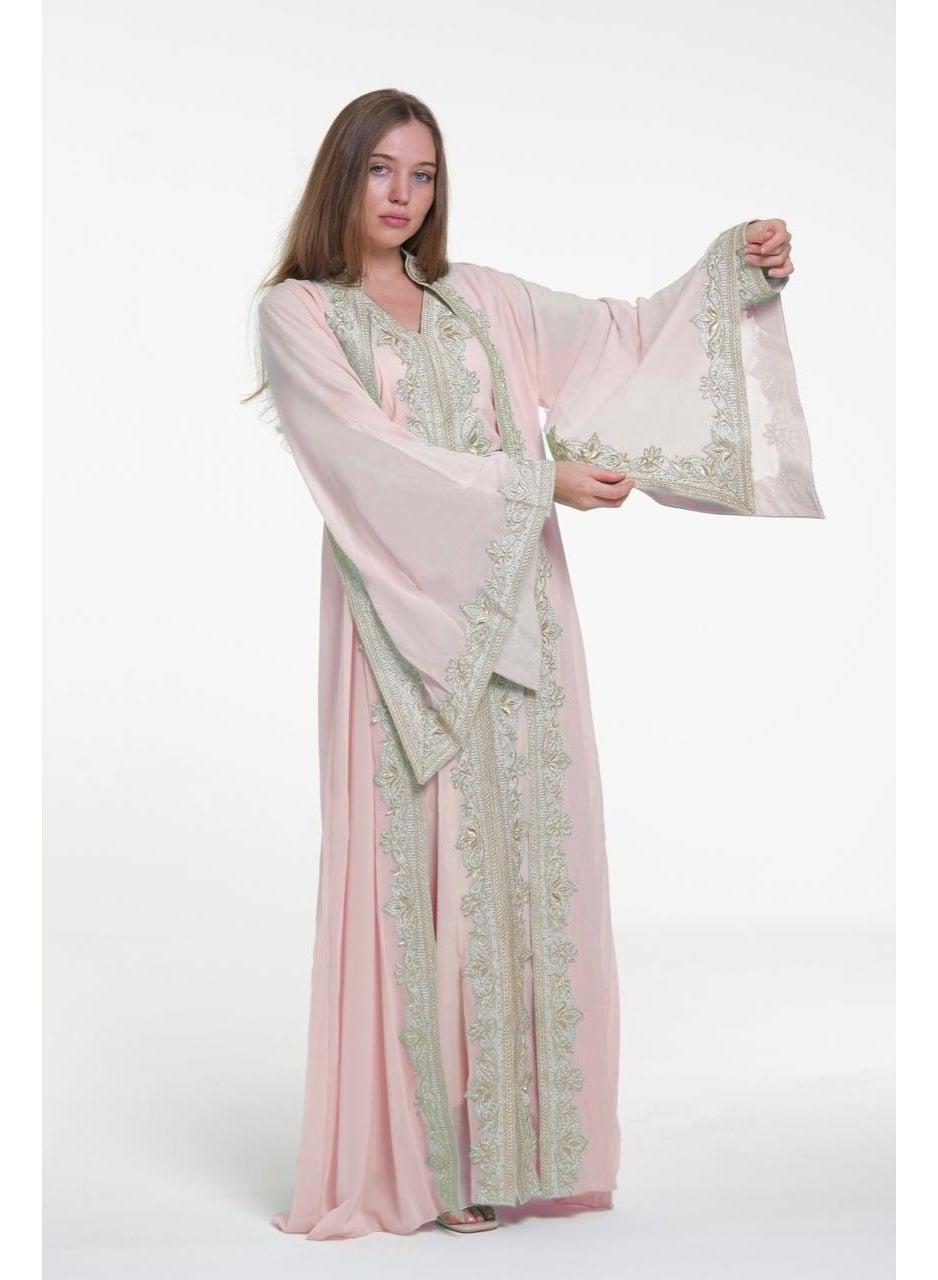 Embroidered Pink Chiffon Kaftan Jalabiya Dress - Image 1