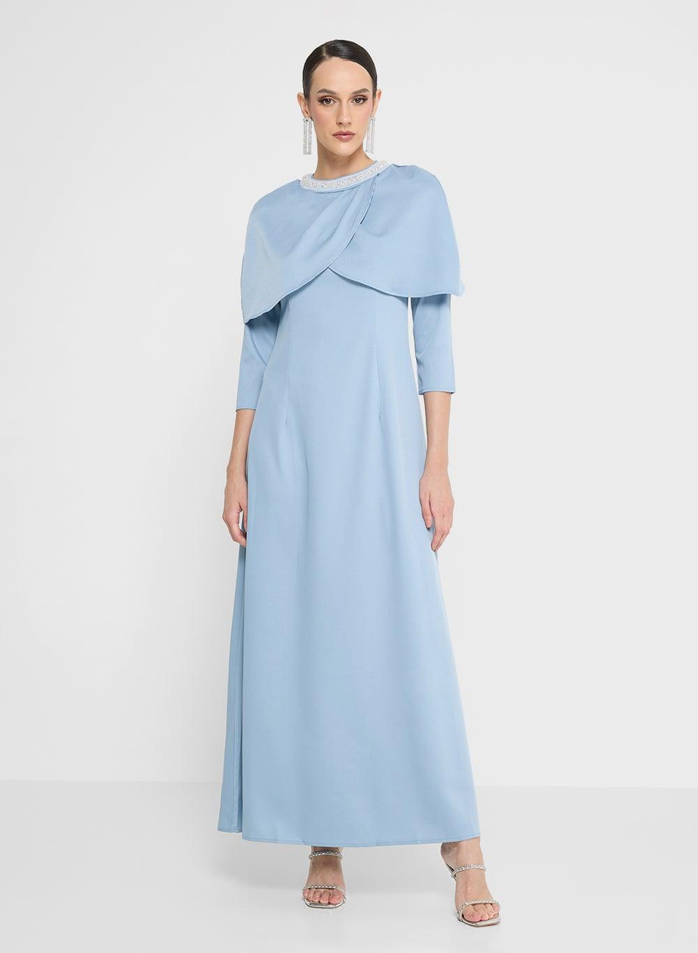 Sky Blue A-Line Maxi Dress with Embellished Neckline Wes40 - Image 1