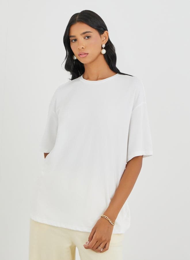 White Graphic Print Oversized Round Neck T-Shirt - Image 1