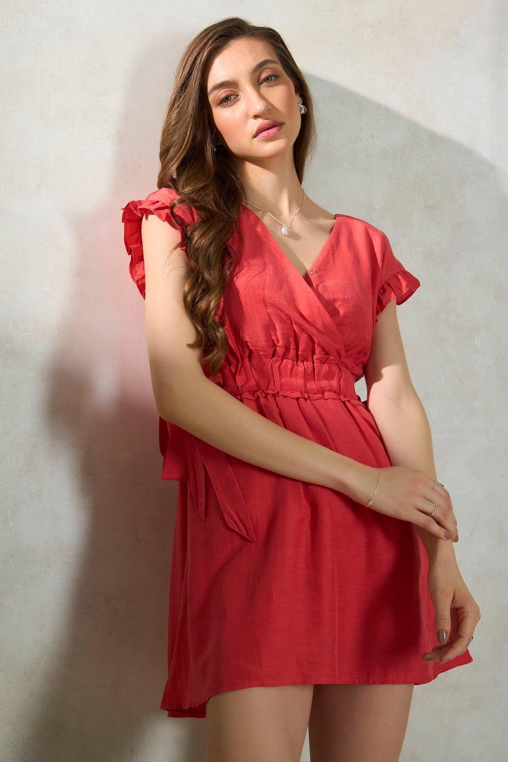 Coral Red Ruffled Waist Mini Dress 62044300 - Image 1