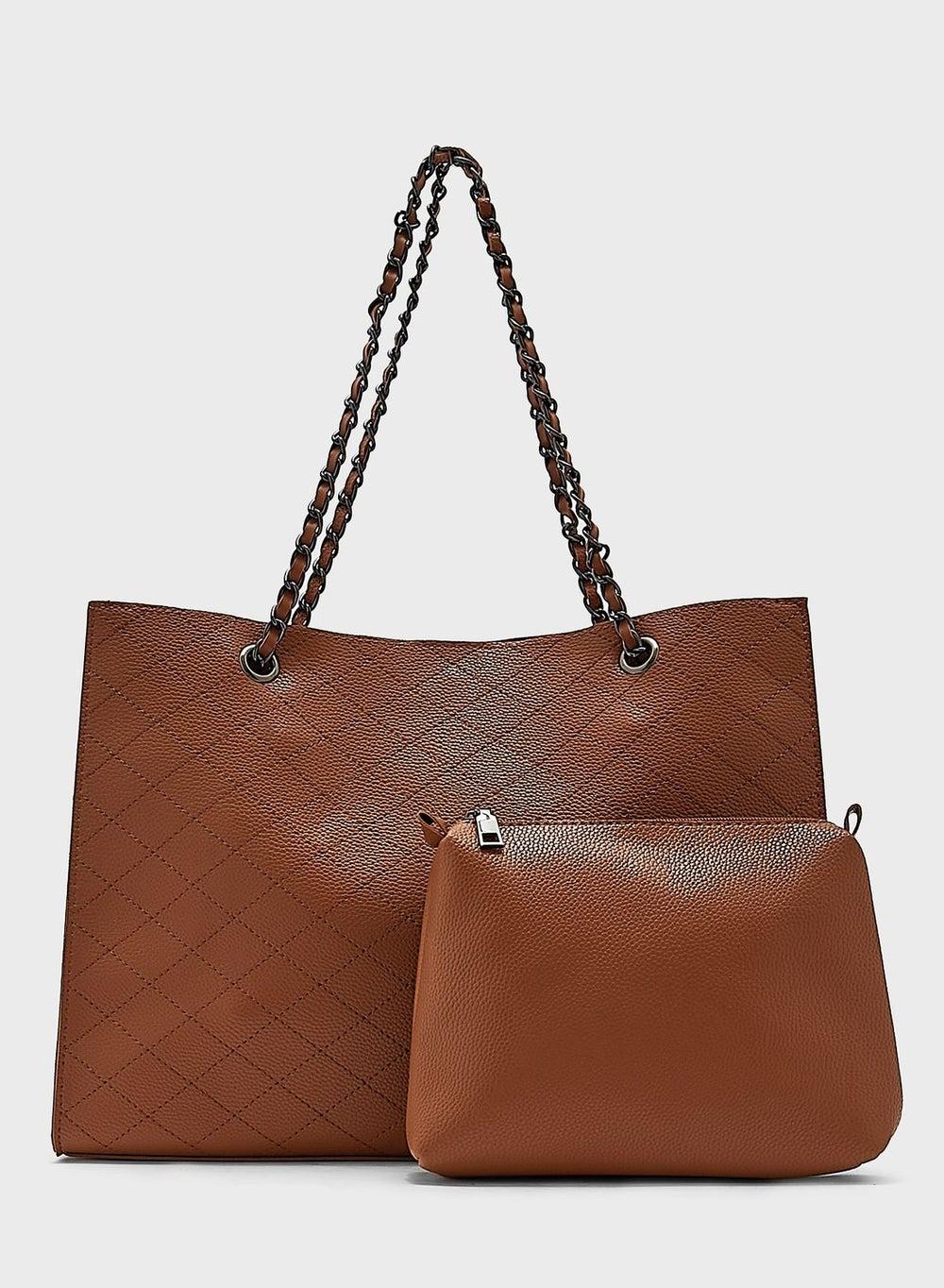 Textured Chain Detail Tote with Pouch Insert Fb23016 - Image 1